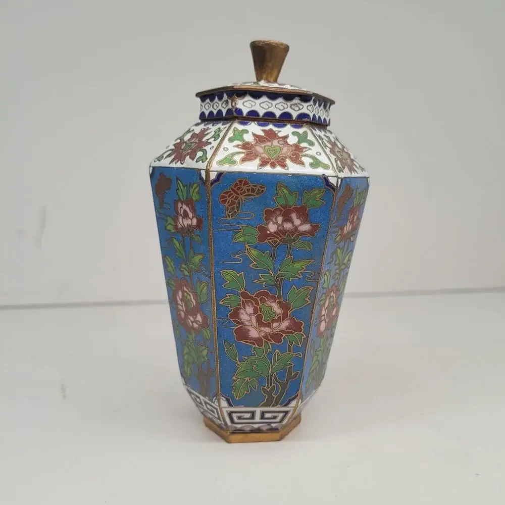 Vintage Chinese Cloisonné Blue Peony Butterfly Hexagonal Lidded Ginger Jar Decor